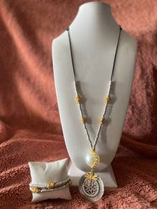 Two-tone with pearl and dragonfly necklace with bracelet set