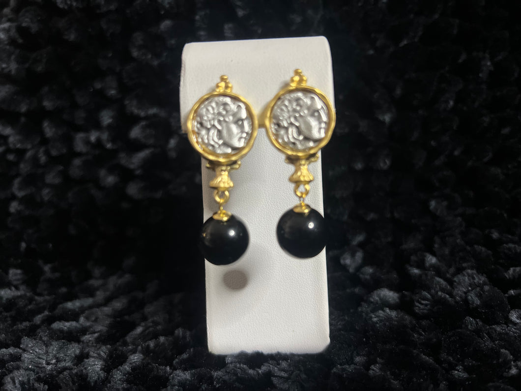 Two Tone Coin And Black Bead Earring