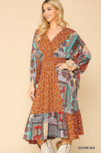 Load image into Gallery viewer, Print Mixed Surplice Dress With Ruffle Hem
