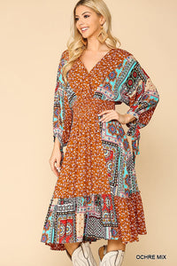 Print Mixed Surplice Dress With Ruffle Hem