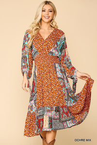 Print Mixed Surplice Dress With Ruffle Hem