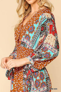 Print Mixed Surplice Dress With Ruffle Hem