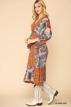 Load image into Gallery viewer, Print Mixed Surplice Dress With Ruffle Hem
