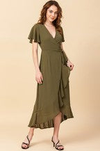 FLUTTER SLEEVE WRAP MAXI DRESS