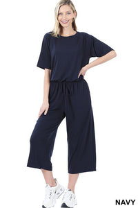 BLUE HALF SLEEVE CAPRI JUMPSUIT