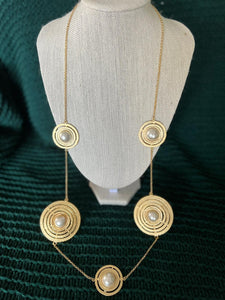 Gold Circle and Pearl Long Necklace