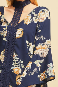 Floral Print V-Neck Navy