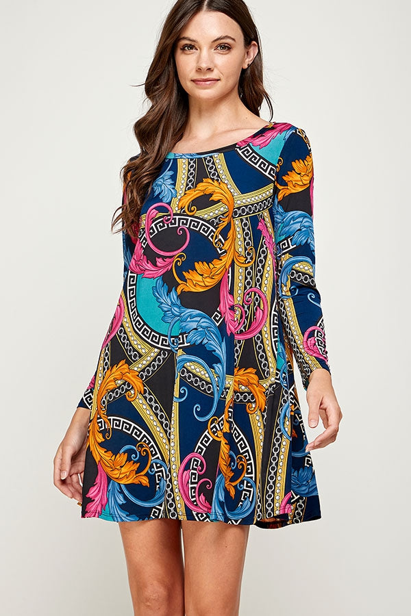 Long Sleeve Round Neck Print Dress