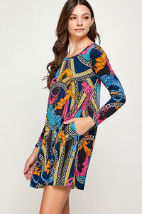 Long Sleeve Round Neck Print Dress