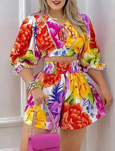 PRINT PUFF SLEEVE TOP SHORTS SET