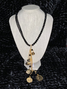 Black Stone, Gold Chain & Coins Necklace