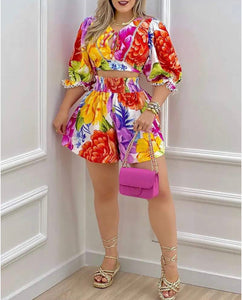 PRINT PUFF SLEEVE TOP SHORTS SET