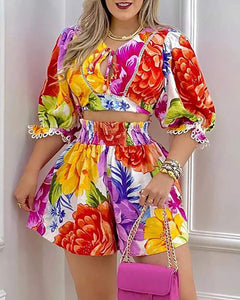 PRINT PUFF SLEEVE TOP SHORTS SET