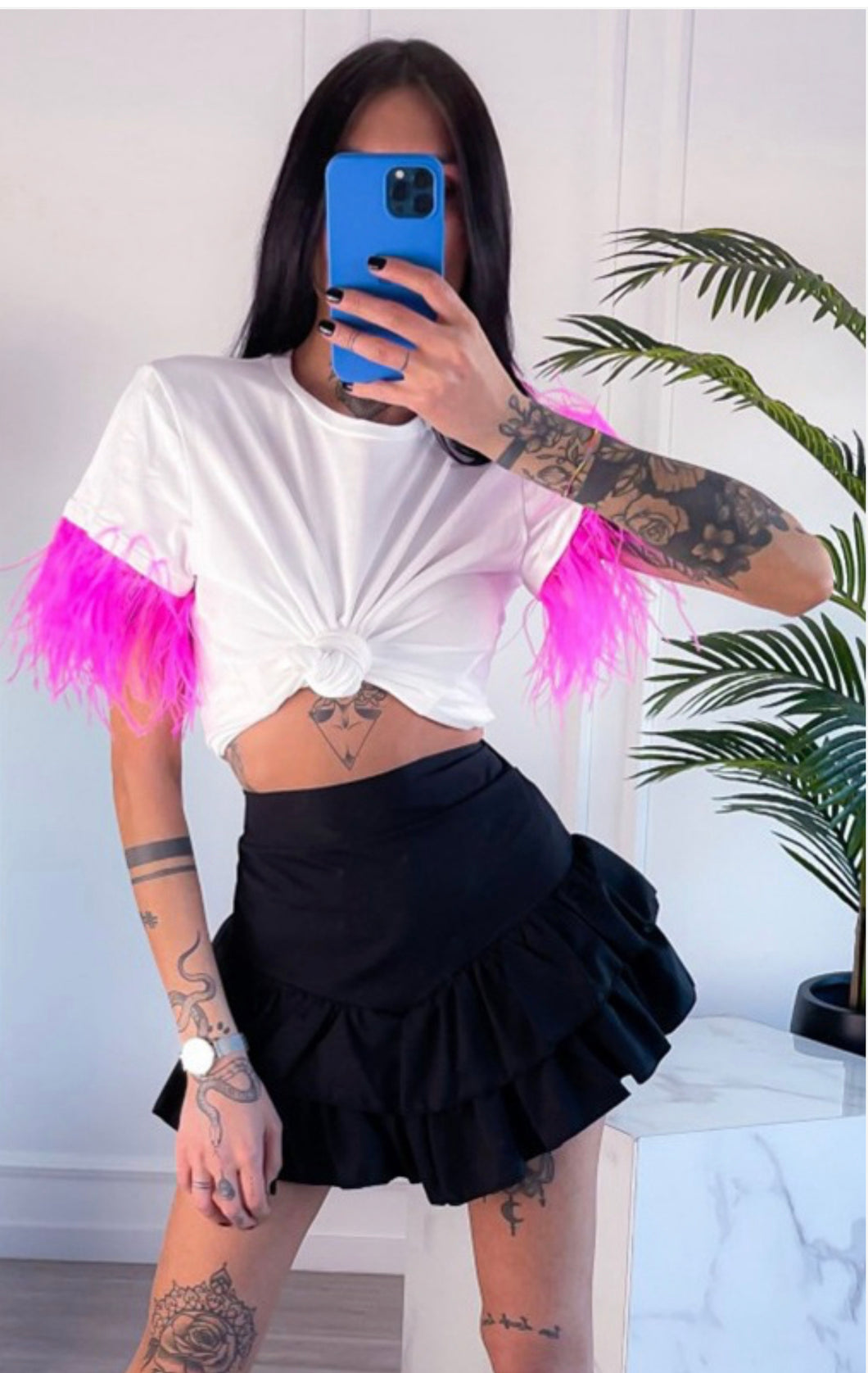 Fucsia Feather Sleeve Solid T-Shirt