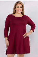 Load image into Gallery viewer, Three-Quarter Sleeve Swing Dress Burgundy
